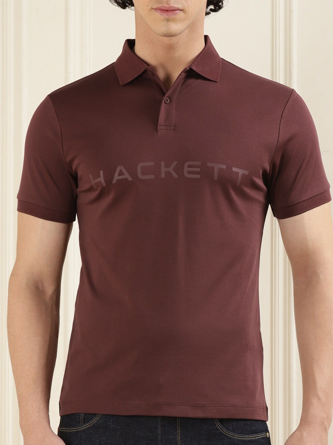 

HACKETT LONDON Typography Printed Polo Collar Pure Cotton T-shirt, Brown
