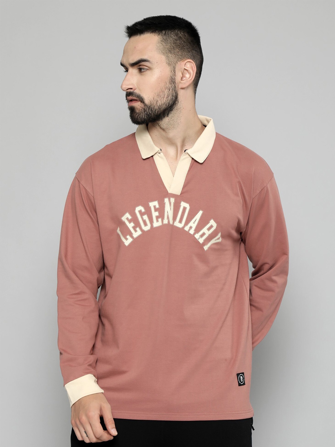 

Maniac Typography Printed Polo Collar Long Sleeves Cotton Oversized T-shirt, Brown