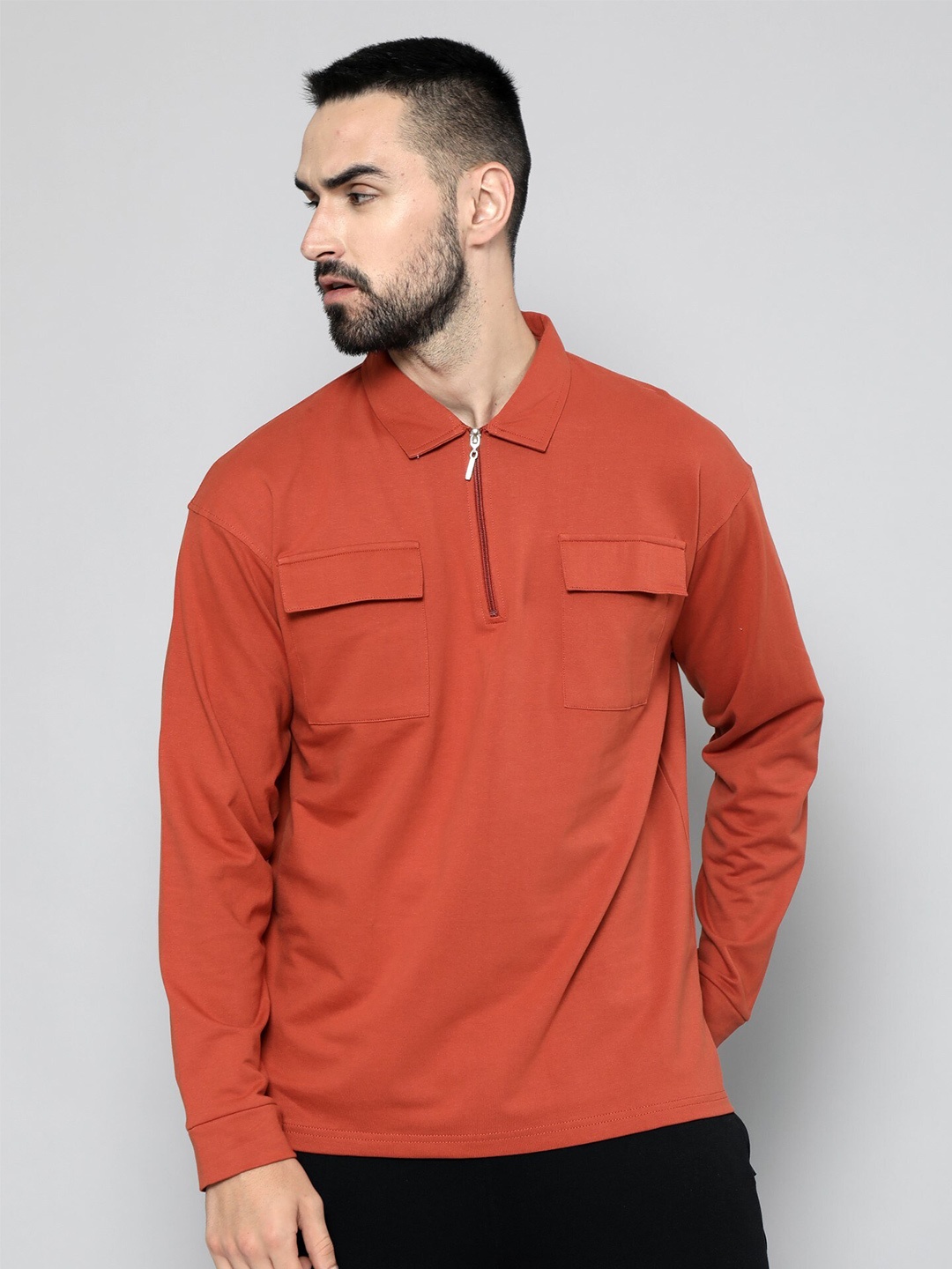 

Maniac Polo Collar Drop-Shoulder Sleeves Cotton Oversized T-shirt, Rust