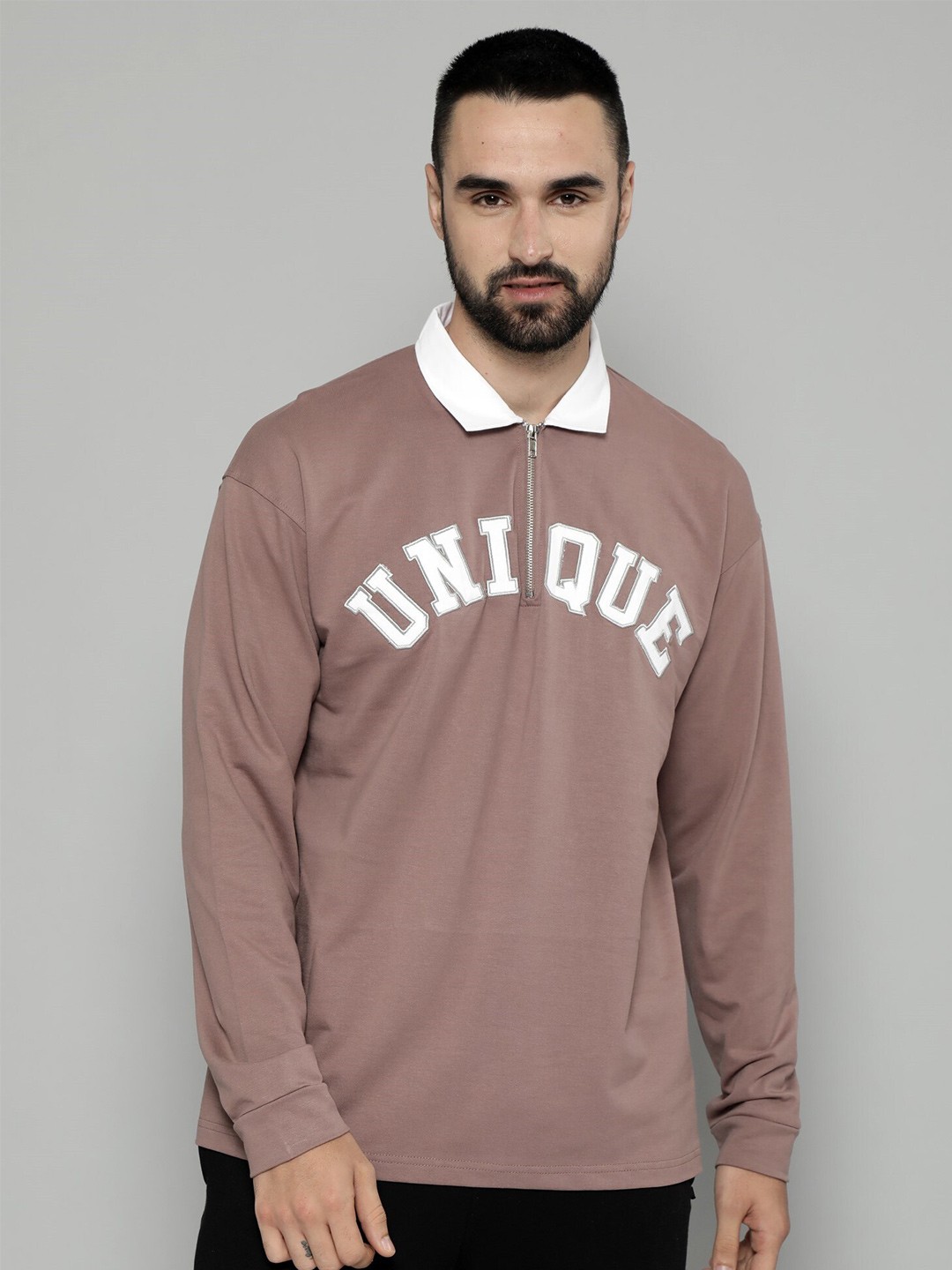 

Maniac Typography Printed Polo Collar Cotton Oversized T-shirt, Brown