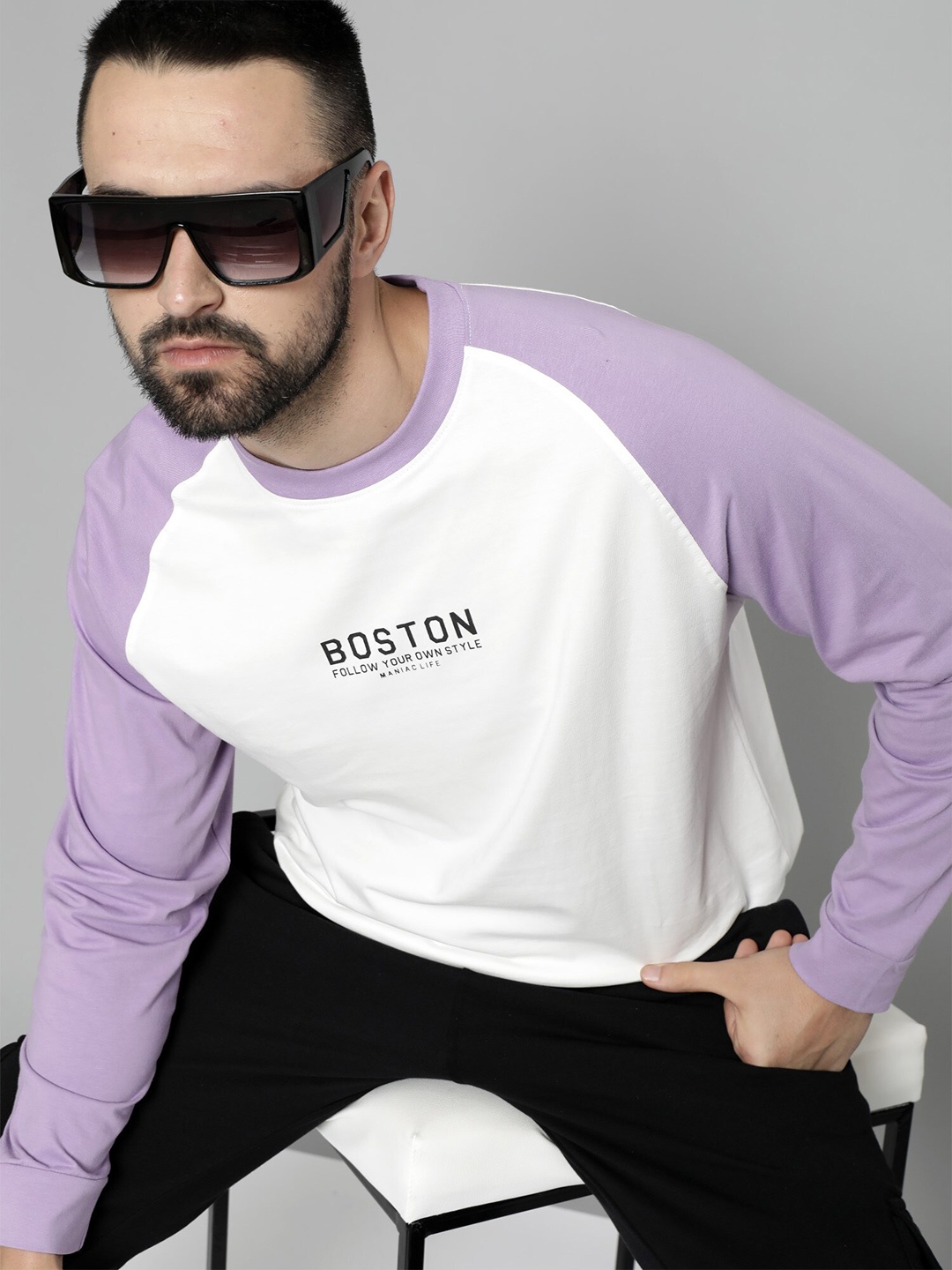 

Maniac Typography Printed Raglan Sleeves Cotton Oversized T-shirt, White
