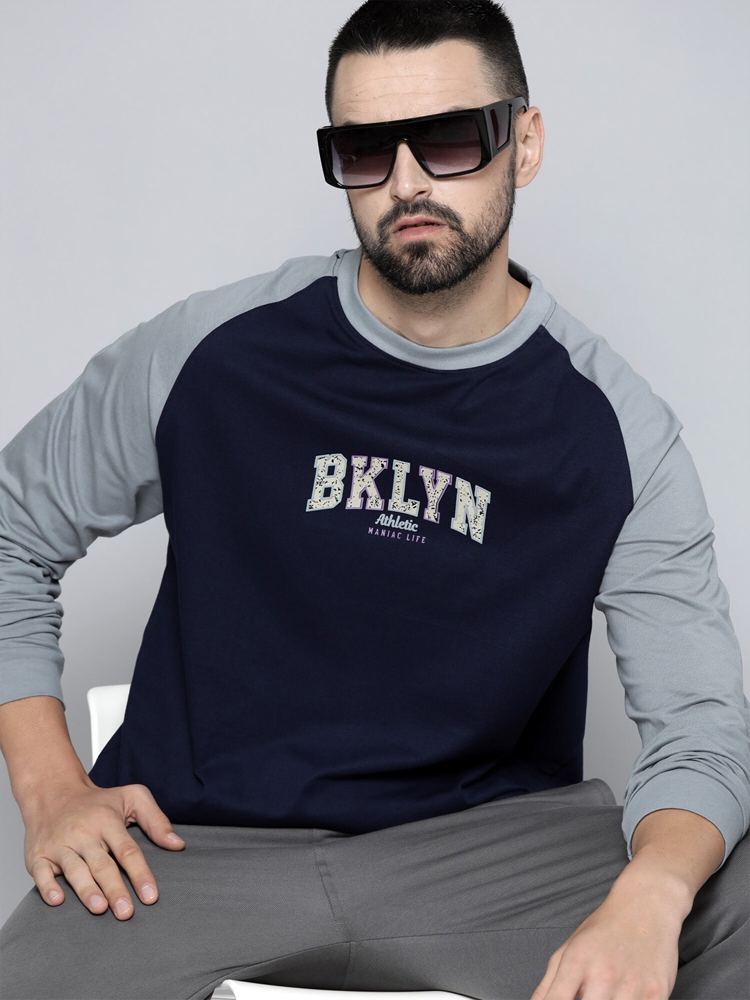 

Maniac Typography Printed Raglan Sleeves Cotton Oversized T-shirt, Navy blue