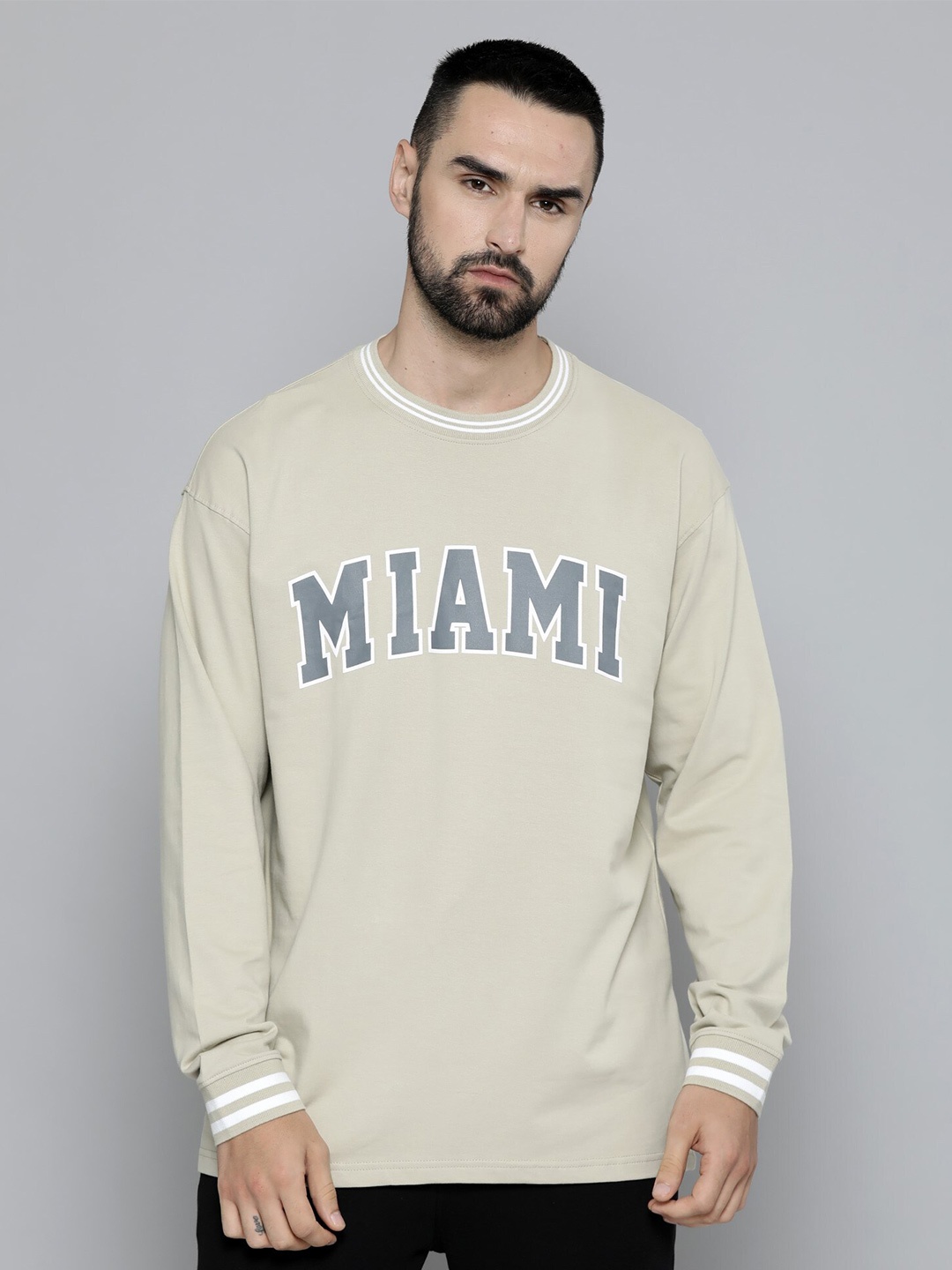

Maniac Typography Printed Cotton Oversized T-shirt, Beige
