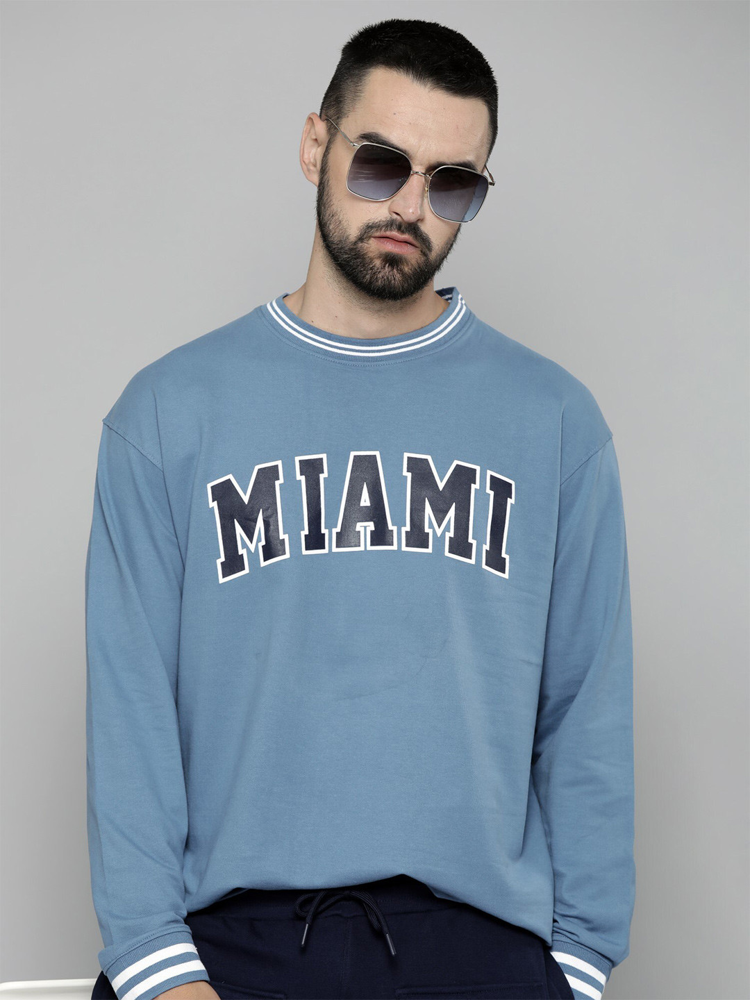 

Maniac Typography Printed Cotton Oversized T-shirt, Blue