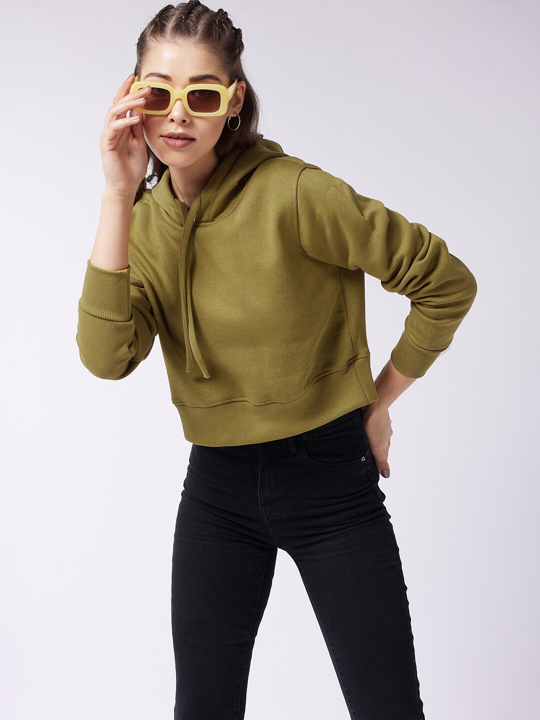 

DressBerry Olive Green Hooded Long Sleeves Crop Pullover Sweatshirt