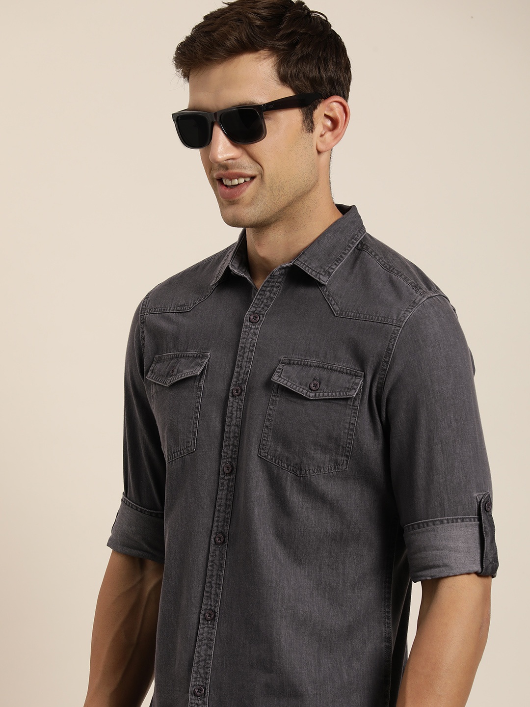 

HERE&NOW Men Slim Fit Denim Solid Casual Shirt, Grey