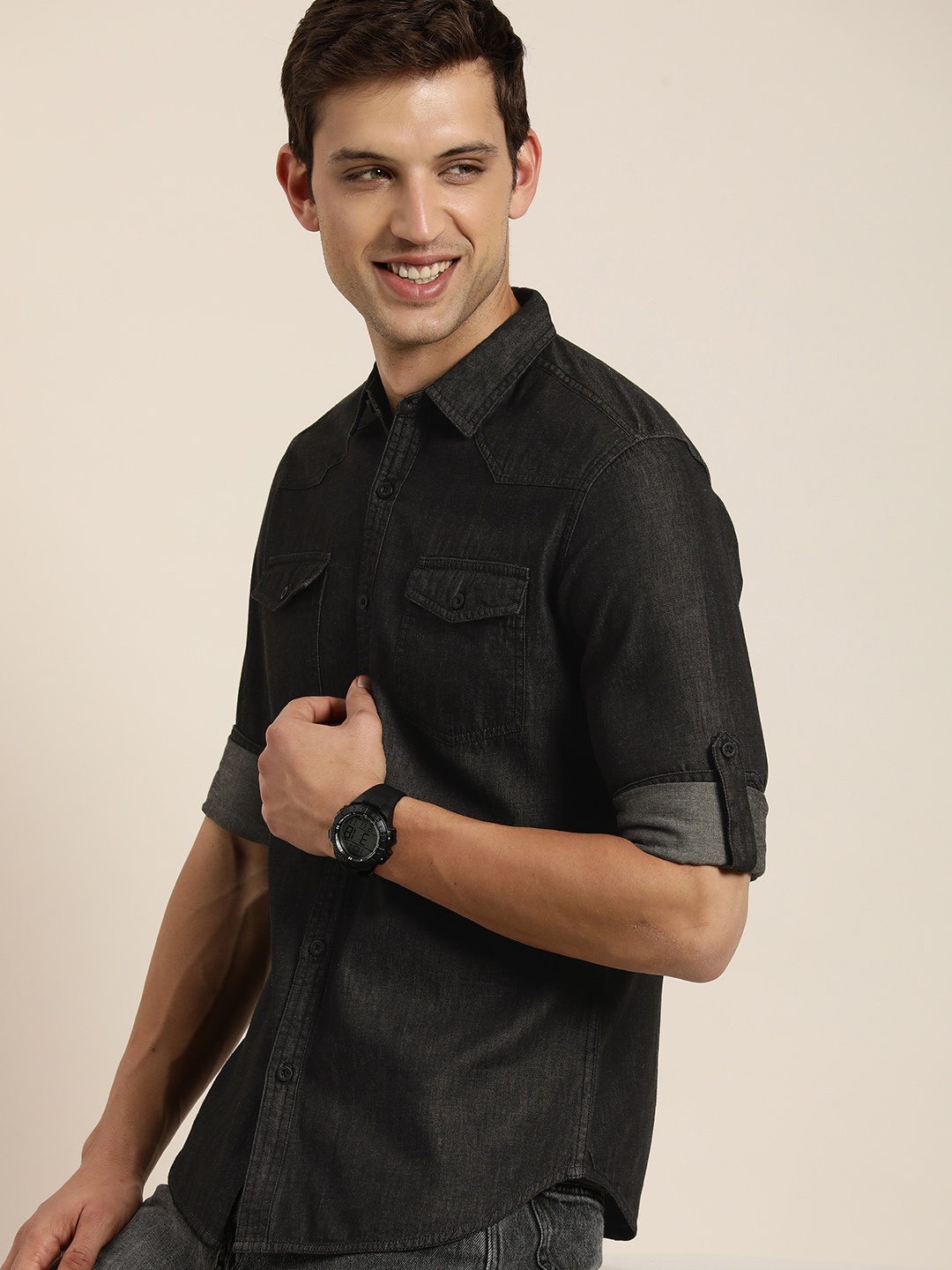 

HERE&NOW Men Slim Fit Denim Solid Casual Shirt, Black