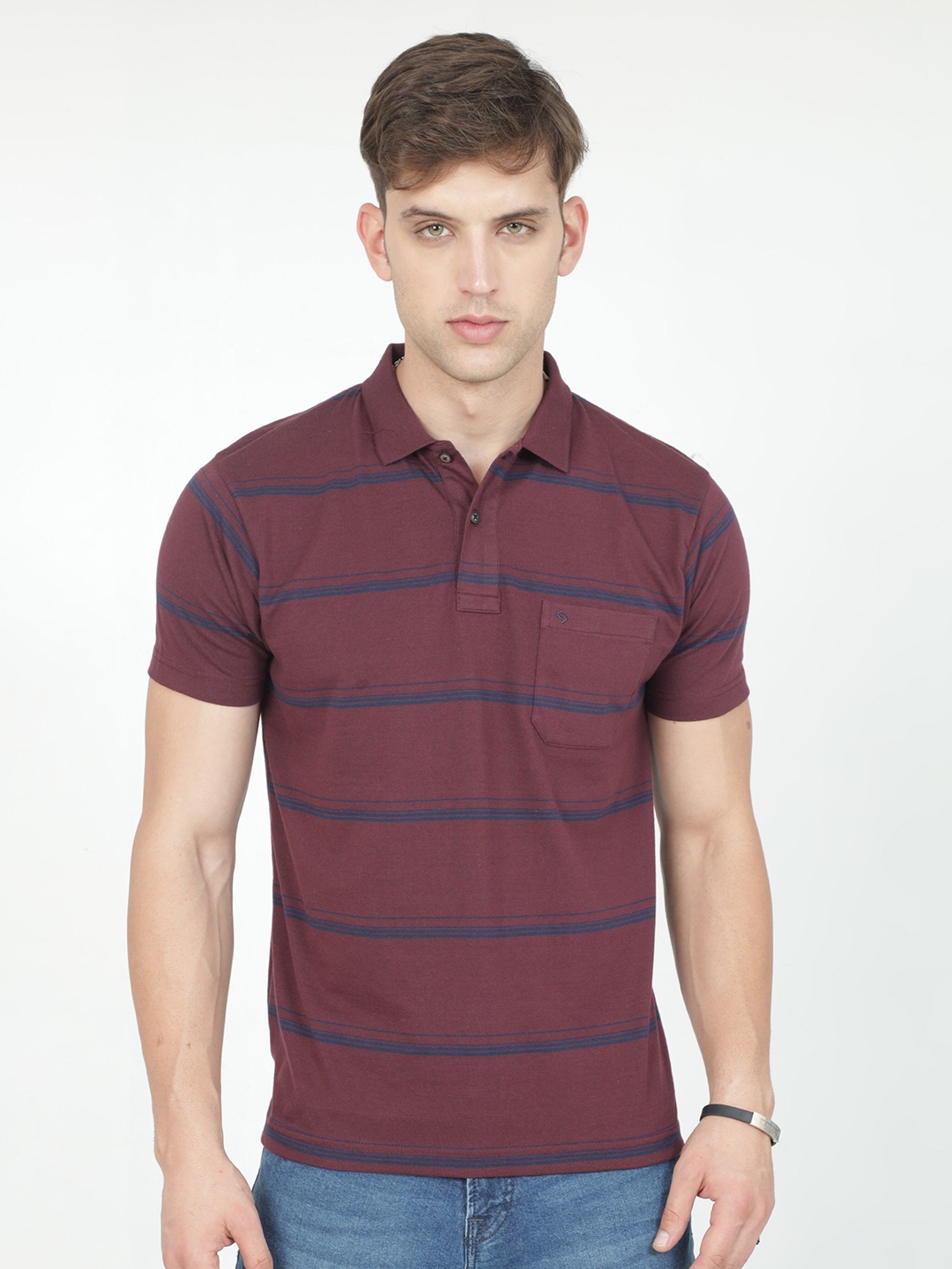 

Classic Polo Striped Polo Collar Pure Cotton T-shirt, Burgundy