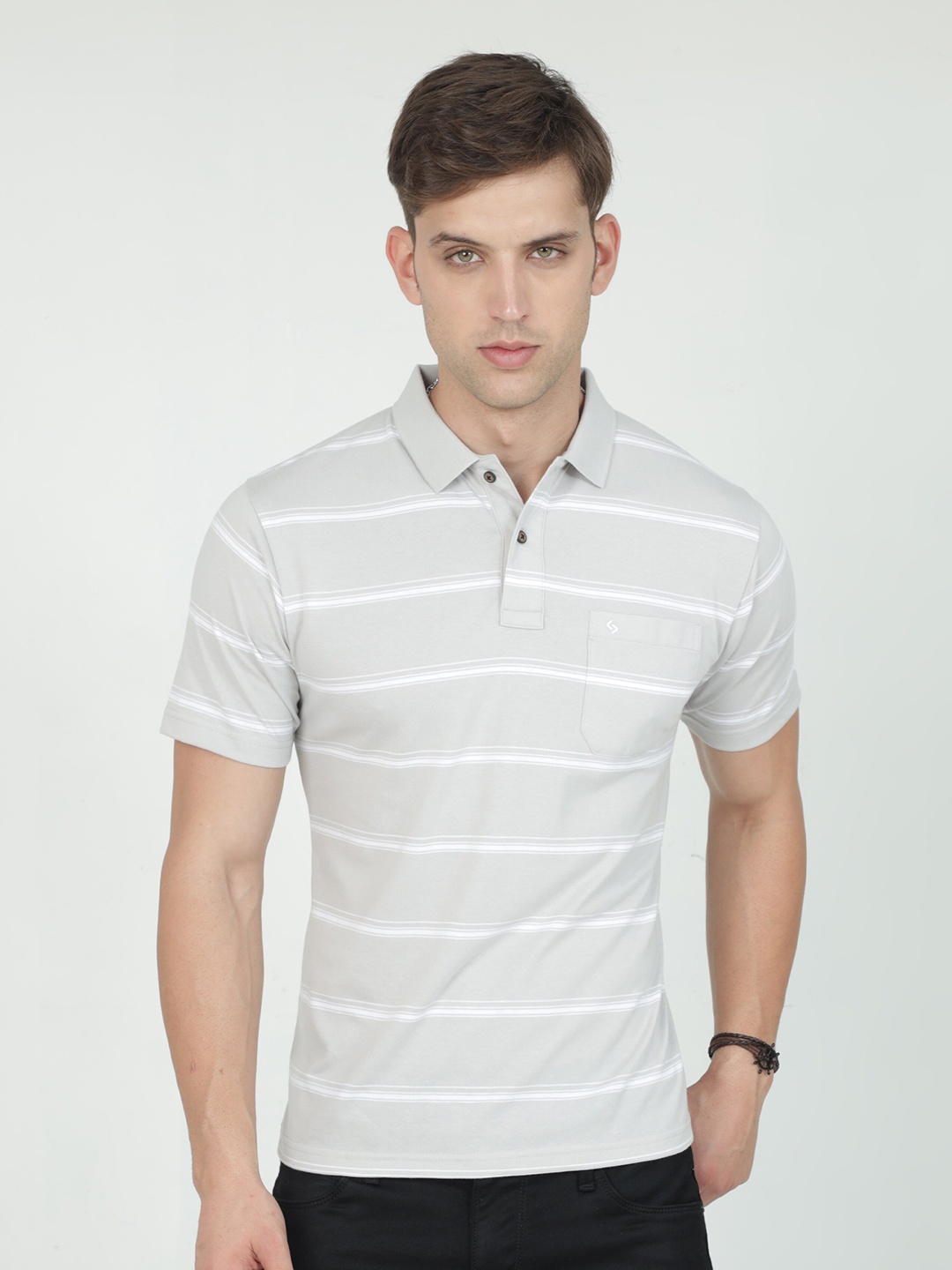 

Classic Polo Striped Polo Collar Pure Cotton Slim Fit T-shirt, Grey