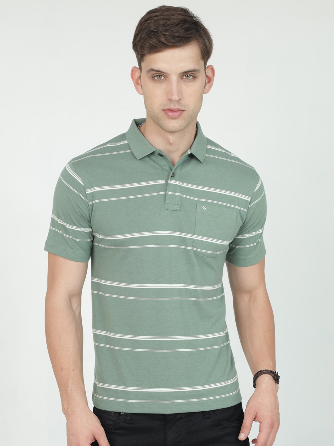 

Classic Polo Striped Polo Collar Pure Cotton T-shirt, Green