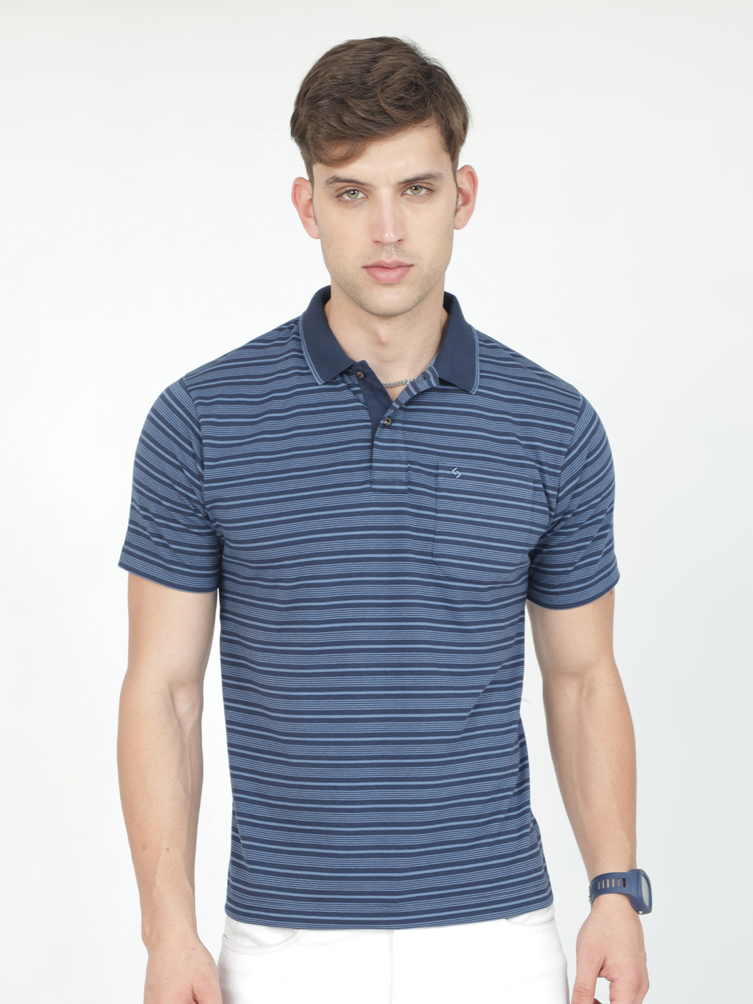 

Classic Polo Striped Polo Collar Pure Cotton Casual T-shirt, Blue