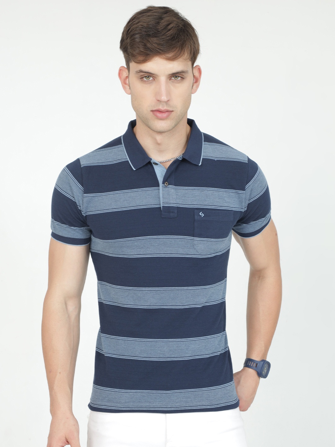

Classic Polo Striped Polo Collar Pure Cotton Casual T-shirt, Blue