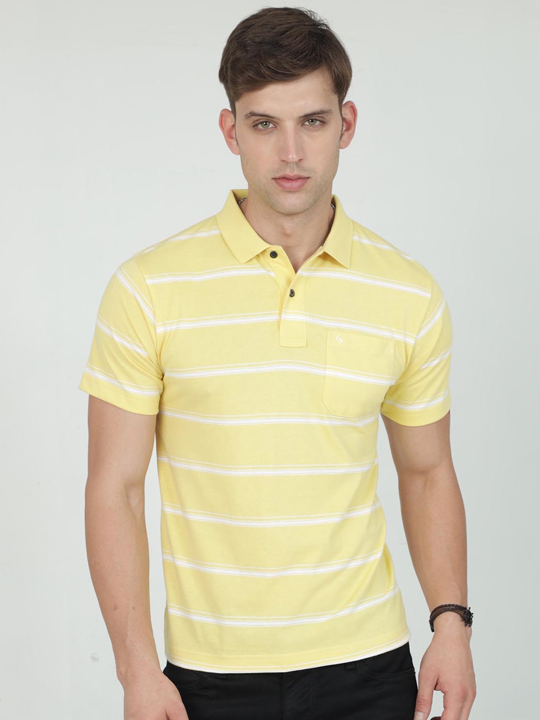 

Classic Polo Striped Polo Collar Pure Cotton T-shirt, Yellow