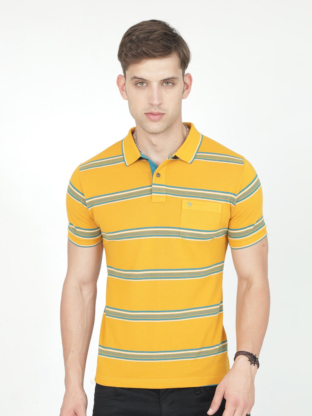 

Classic Polo Striped Polo Collar Pure Cotton Slim Fit T-shirt, Mustard