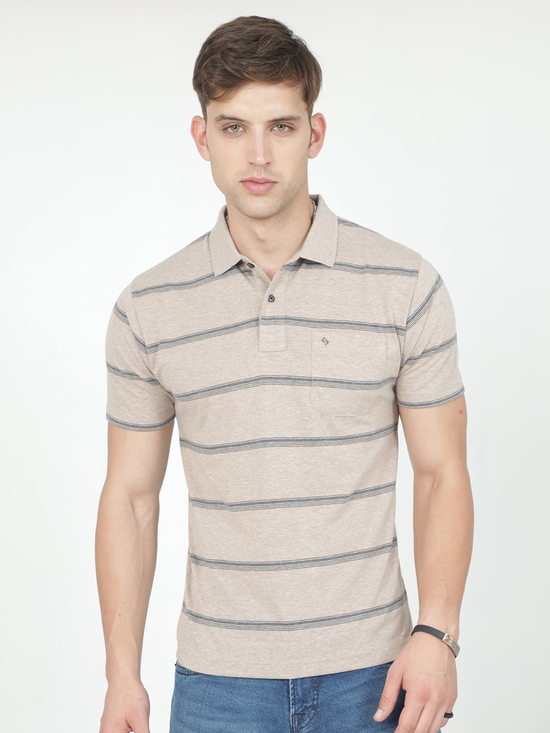 

Classic Polo Striped Polo Collar Cotton Regular Fit T-shirt, Beige
