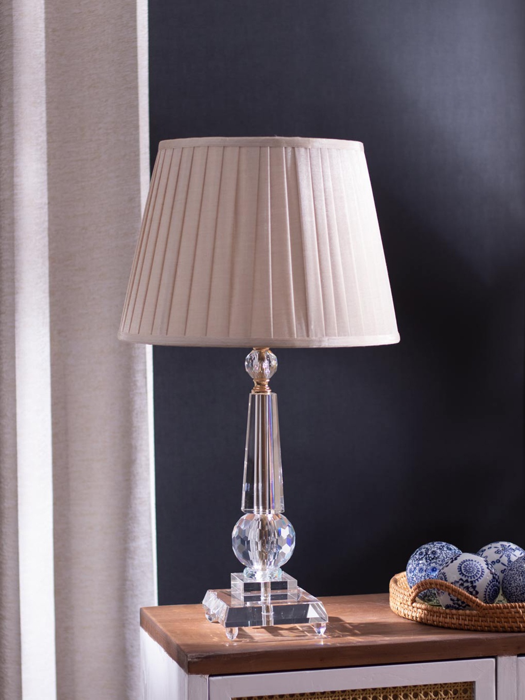 

THEDECORKART Beige Transparent Textured Frustum Shape Glass Table Lamp