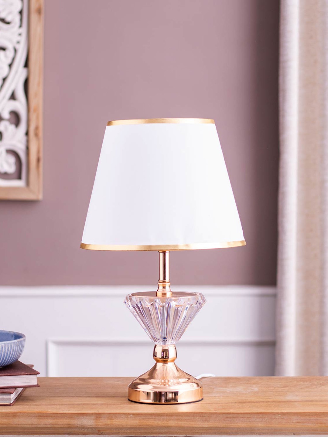 

THEDECORKART Gold Toned White Frustum Shape Glass Table Lamp