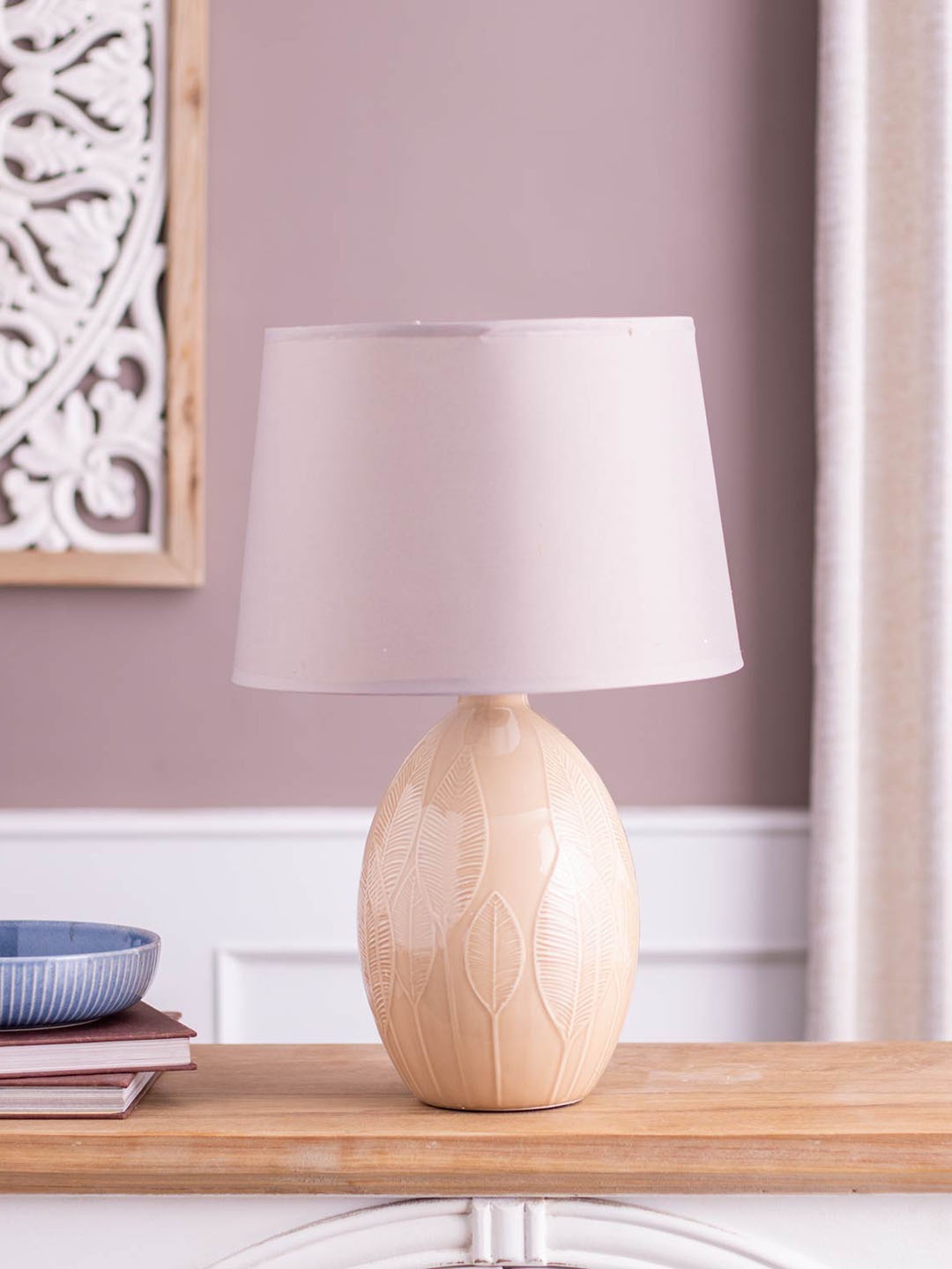 

THEDECORKART Beige White Frustum Shape Ceramic Table Lamp