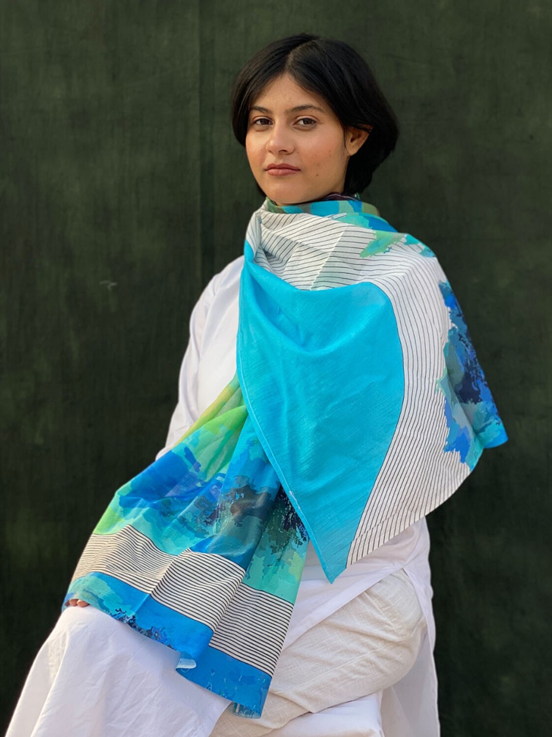 

BUTA BUTI Abstract Printed Cotton Scarf, Blue