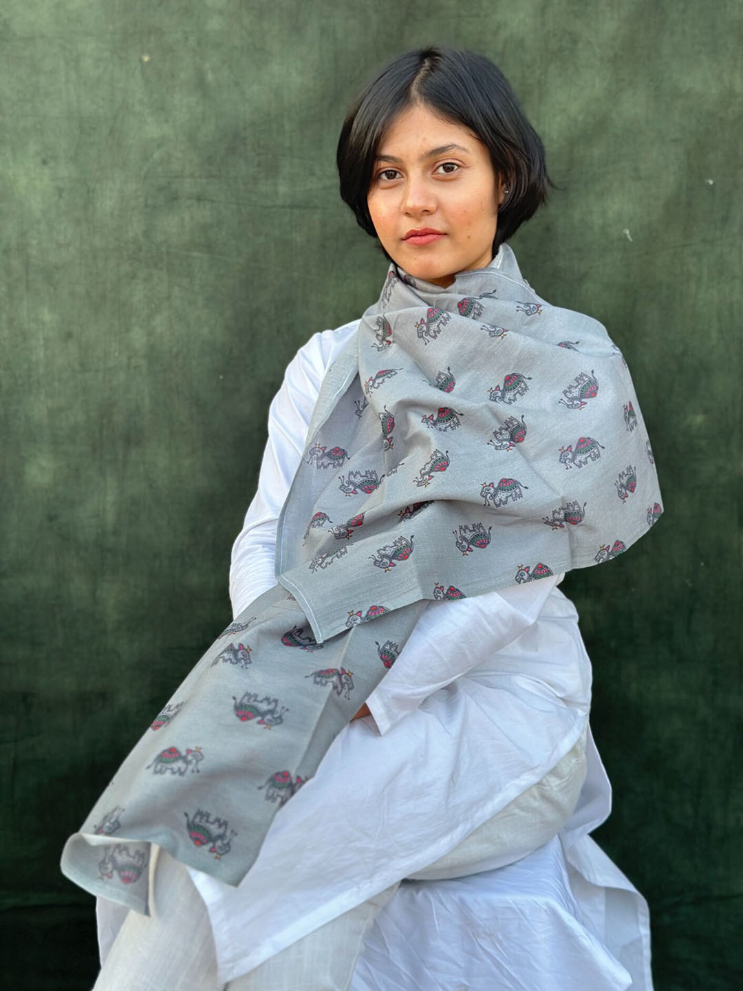 

BUTA BUTI Madhubani Printed Cotton Scarf, Grey