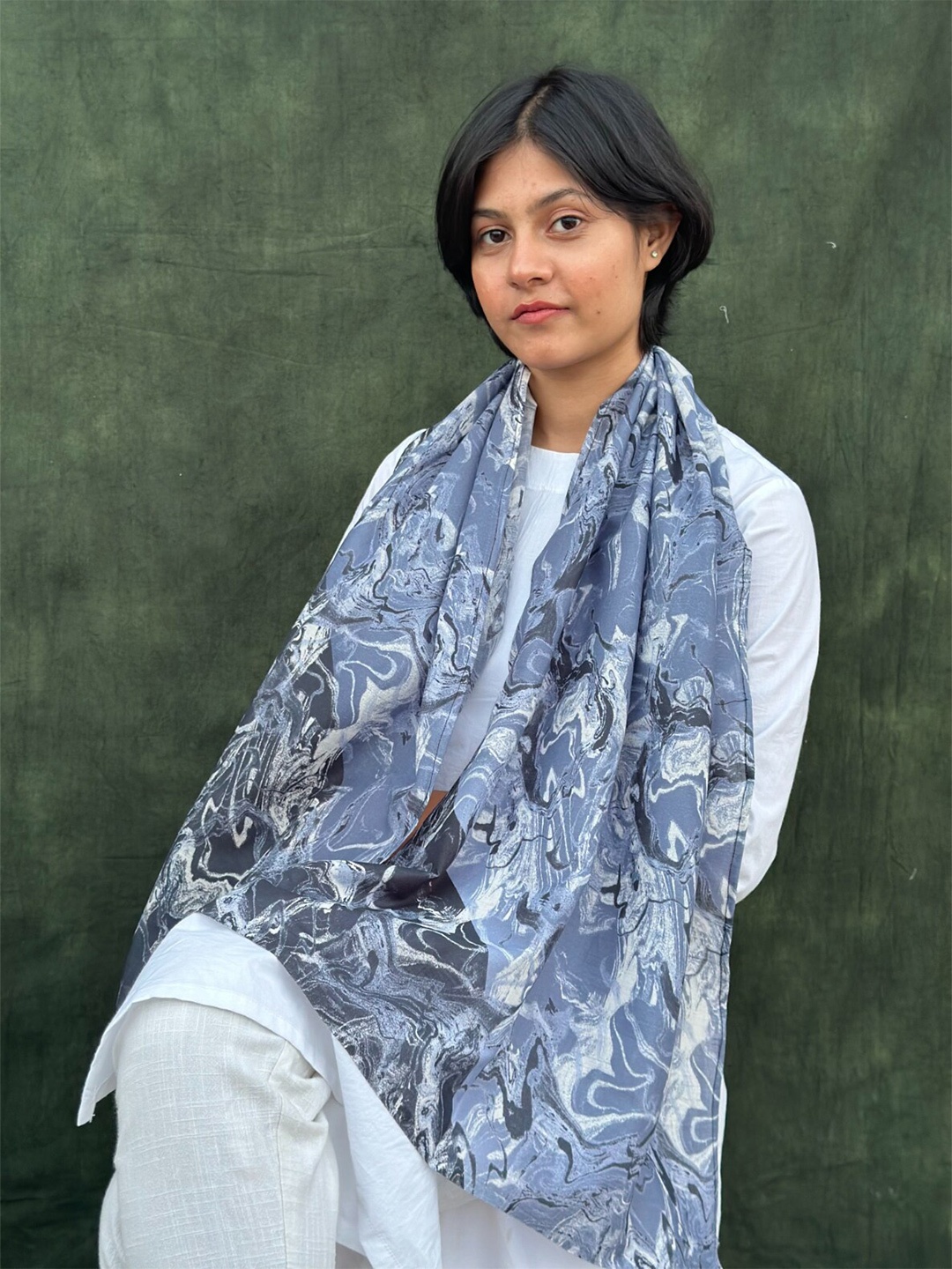

BUTA BUTI Women Abstract Printed Cotton Scarf, Blue