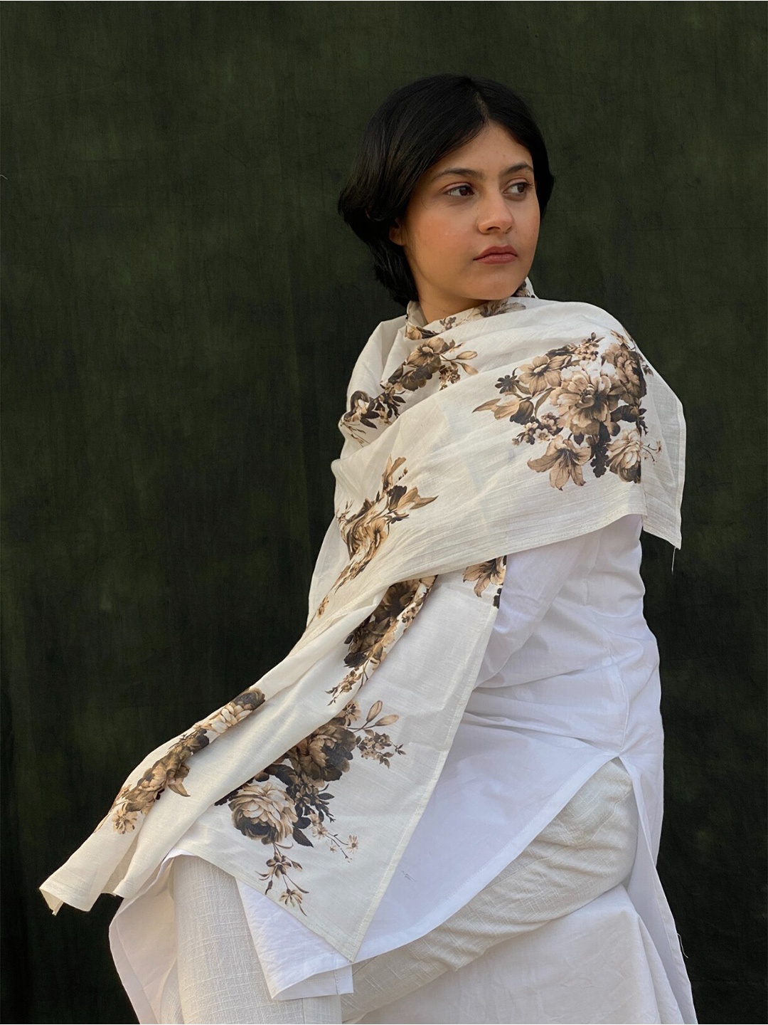 

BUTA BUTI Floral Printed Cotton Scarf, White