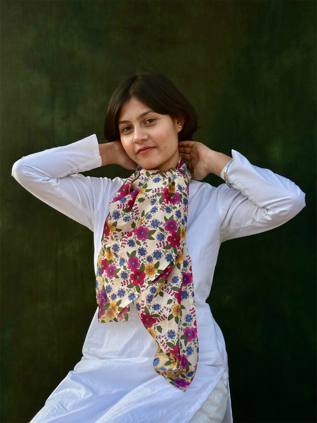 

BUTA BUTI Floral Printed Cotton Scarf, White