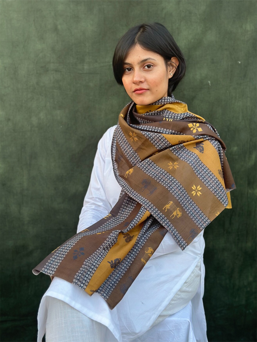 

BUTA BUTI Ethnic Motif Printed Cotton Scarves, Mustard