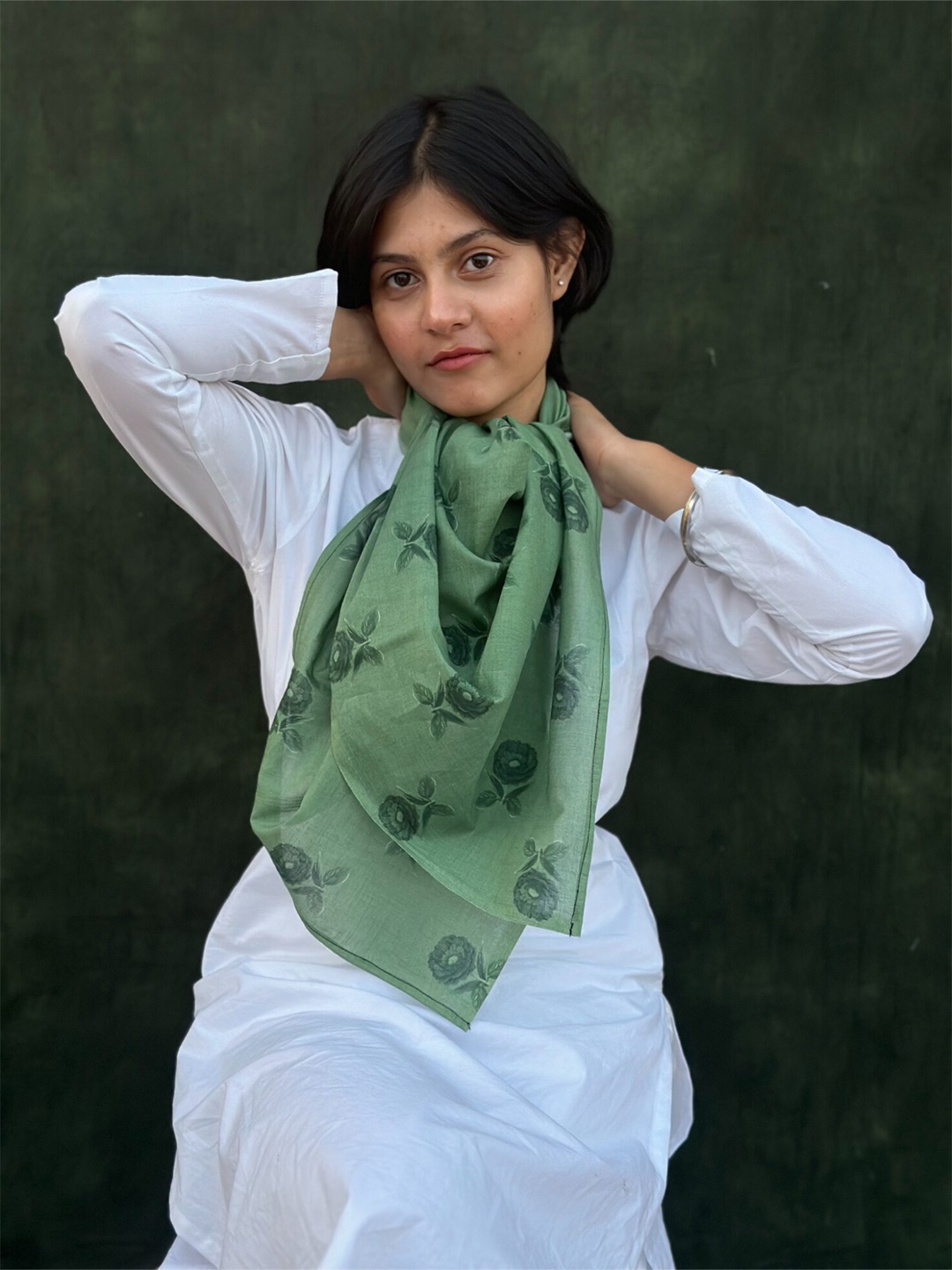 

BUTA BUTI Floral Printed Cotton Scarf, Green