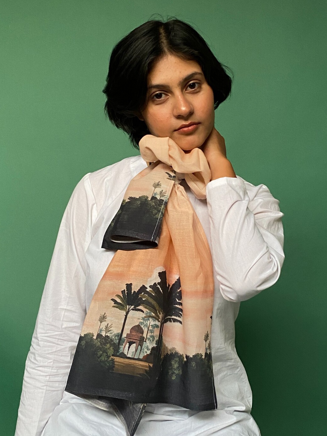 

BUTA BUTI Women Landscape Printed Cotton Scarf, Beige