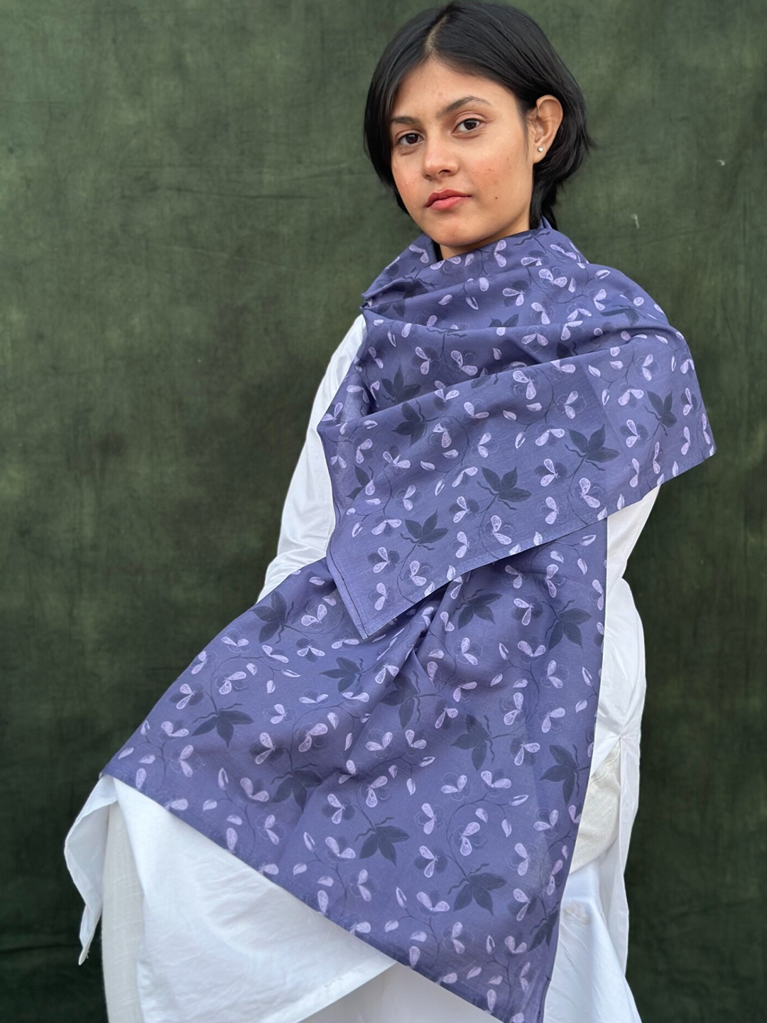 

BUTA BUTI Floral Printed Cotton Scarf, Navy blue