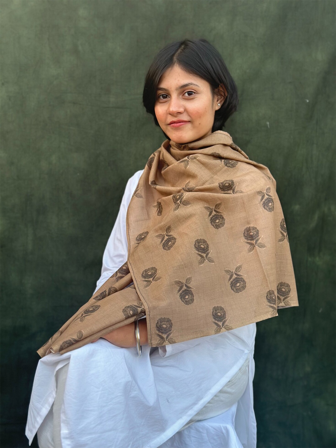 

BUTA BUTI Women Ethnic Motifs Printed Cotton Scarf, Brown