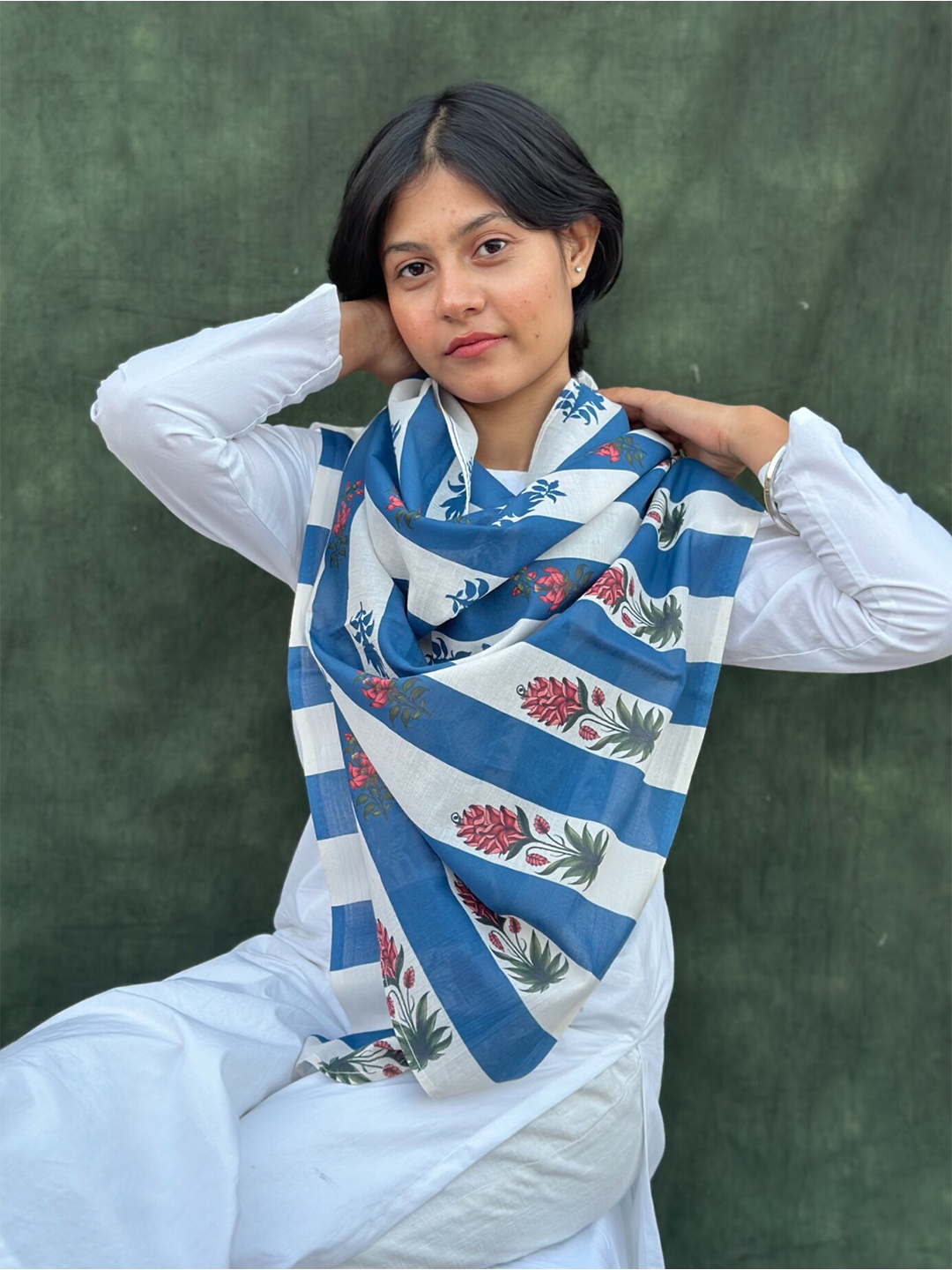 

BUTA BUTI Floral Printed Cotton Scarf, Blue