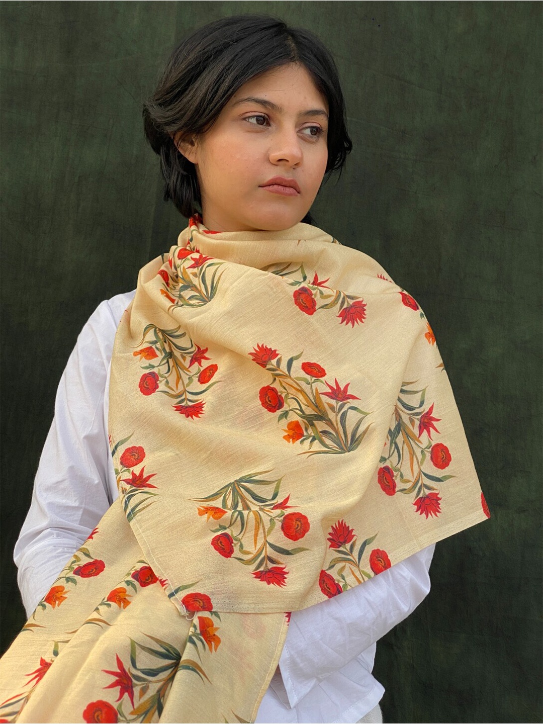 

BUTA BUTI Floral Printed Cotton Stoles, Cream