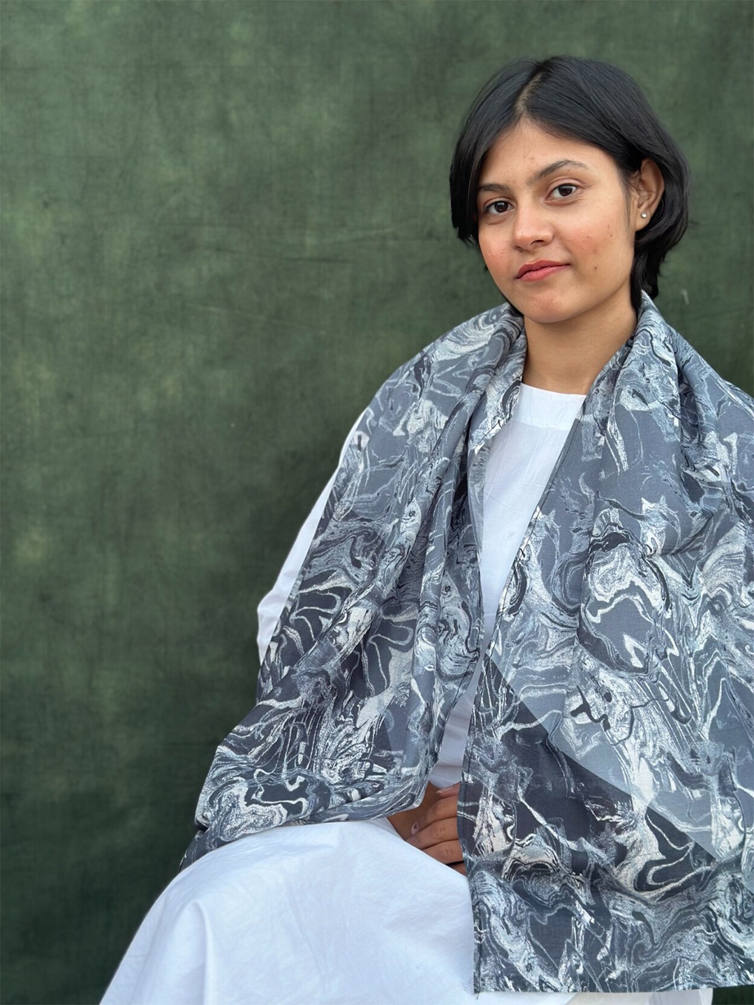 

BUTA BUTI Abstract Marble Printed Cotton Scarf, Grey