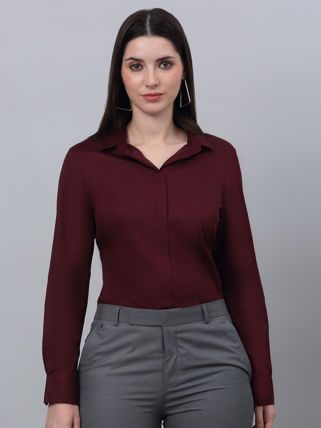 

Cantabil Comfort Fit Concealed Button Placket Cotton Formal Shirt, Maroon