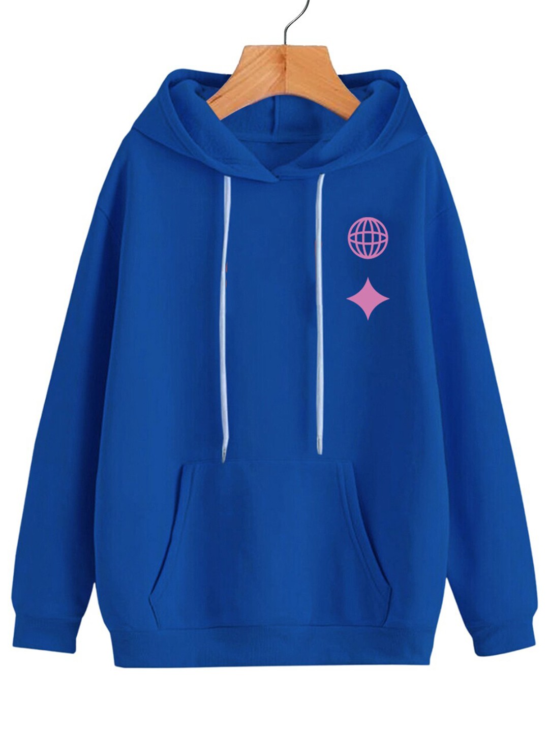 

VEIRDO Blue Typography Printed Long Sleeves Hooded Fleece Pullover
