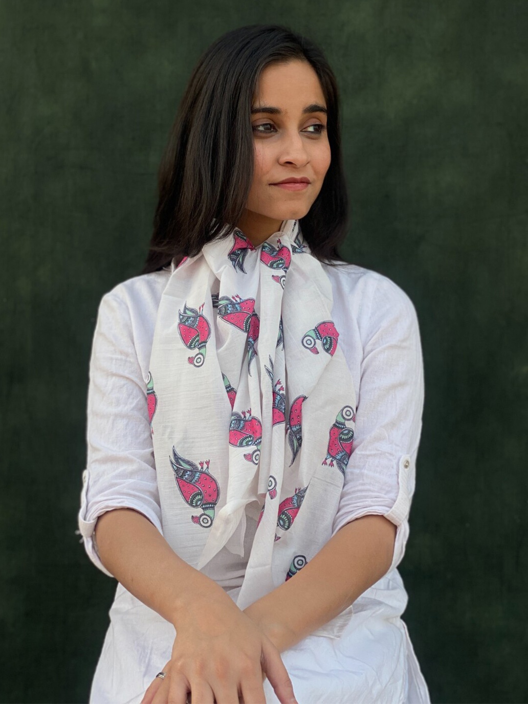 

BUTA BUTI Ethnic Motifs Printed Cotton Scarf, Off white