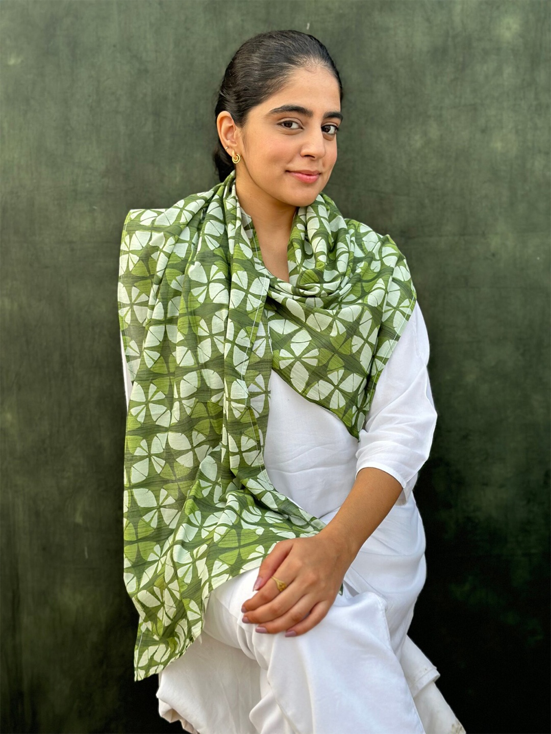 

BUTA BUTI Floral Printed Cotton Scarf, Olive