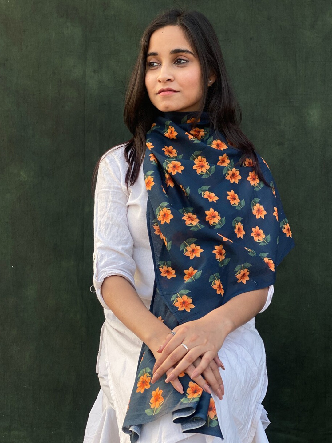 

BUTA BUTI Floral Printed Cotton Scarves, Navy blue