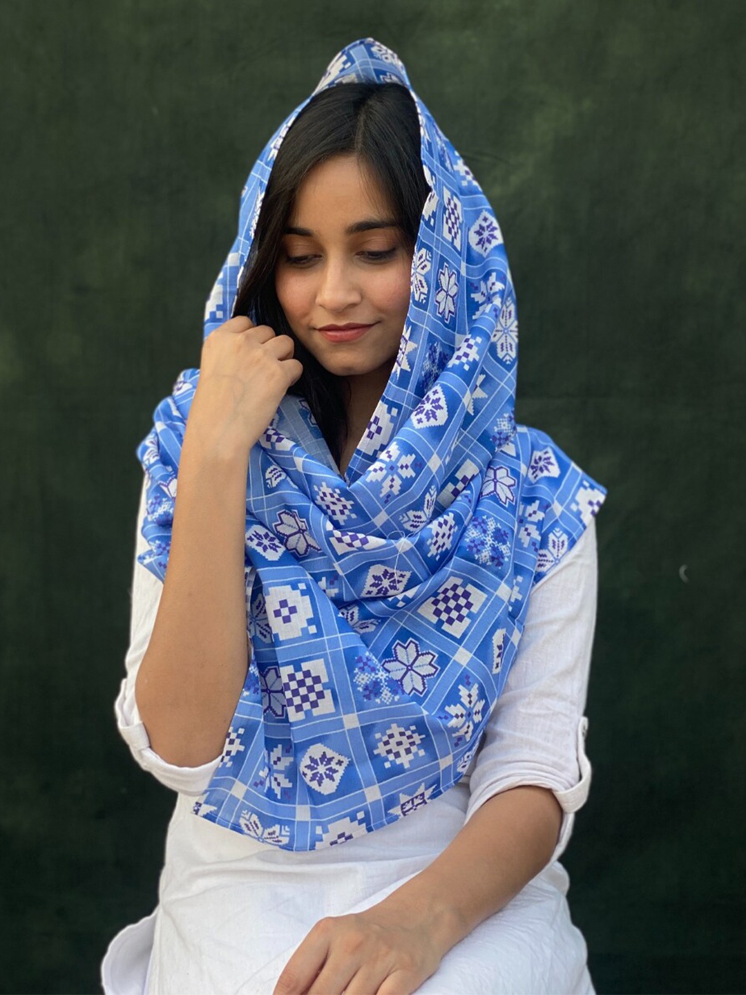 

BUTA BUTI Geometric Printed Cotton Scarf, Blue