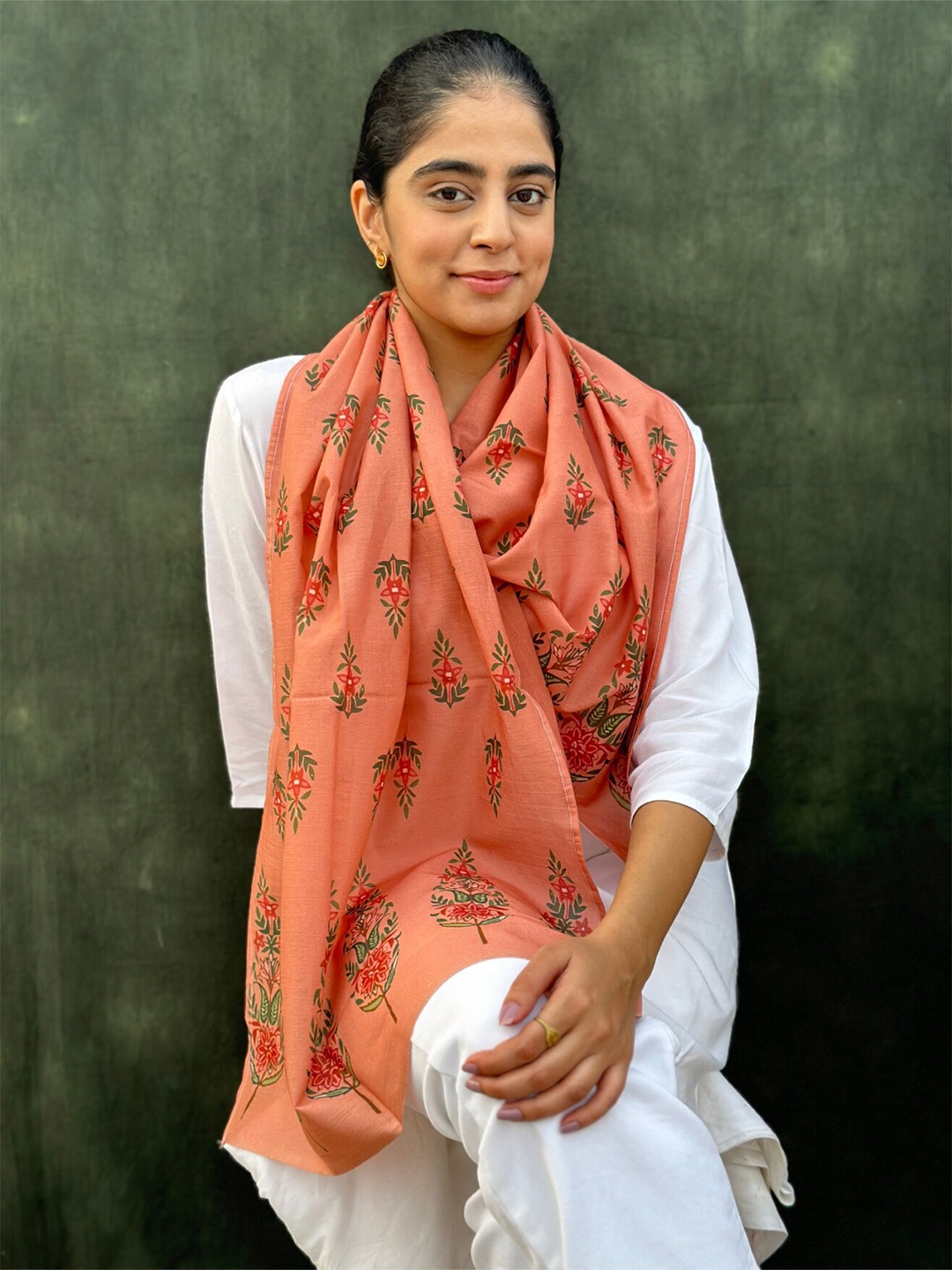 

BUTA BUTI Ethnic Motifs Printed Cotton Scarf, Peach