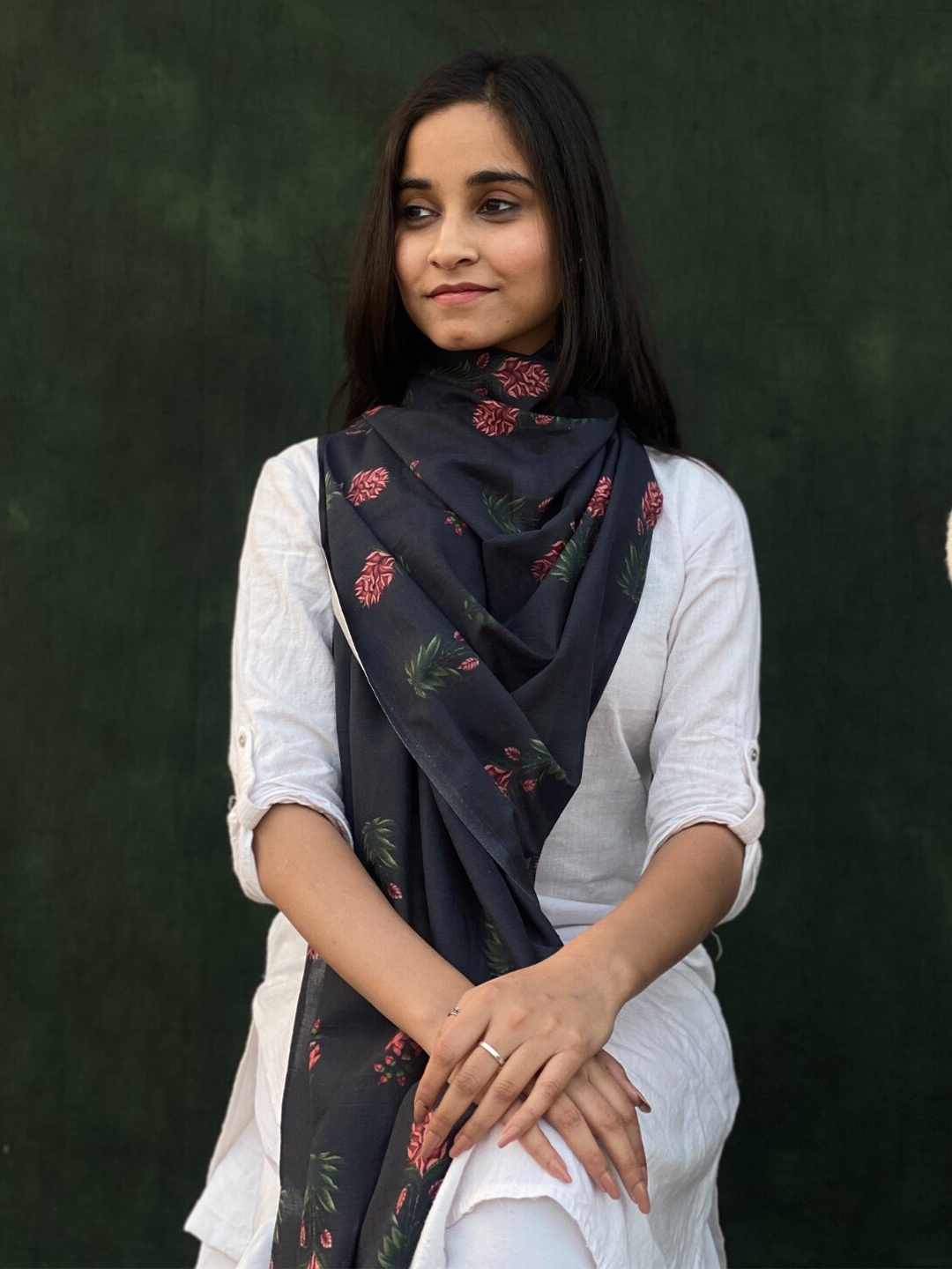 

BUTA BUTI Floral Printed Cotton Scarf, Black