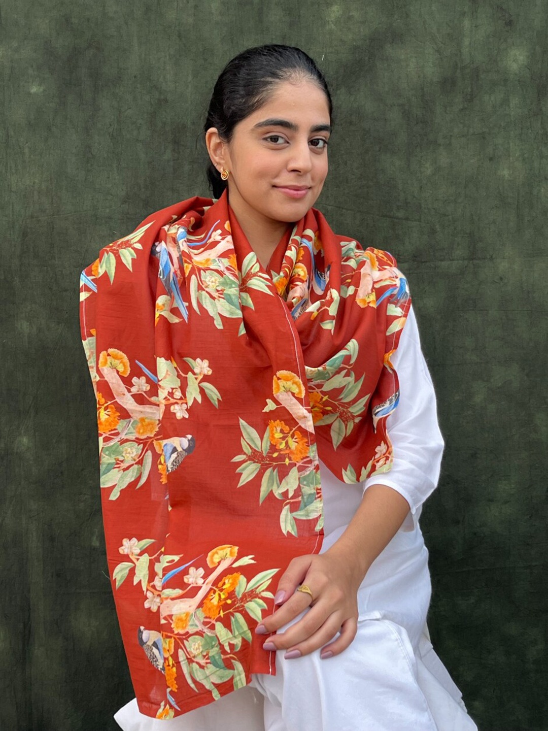 

BUTA BUTI Floral Printed Cotton Scarf, Rust