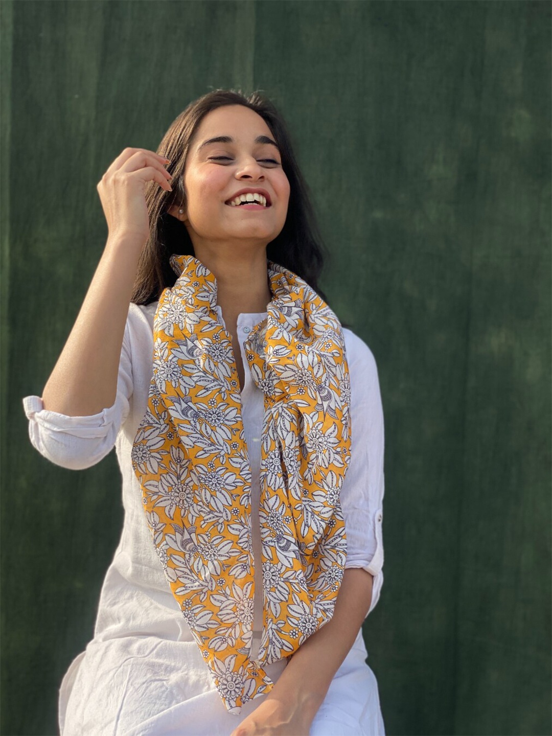 

BUTA BUTI Floral Printed Cotton Scarf, Mustard