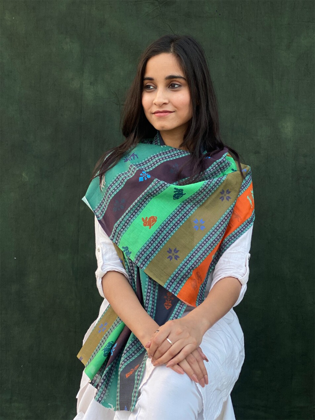 

BUTA BUTI Ethnic Motifs Printed Cotton Scarf, Green