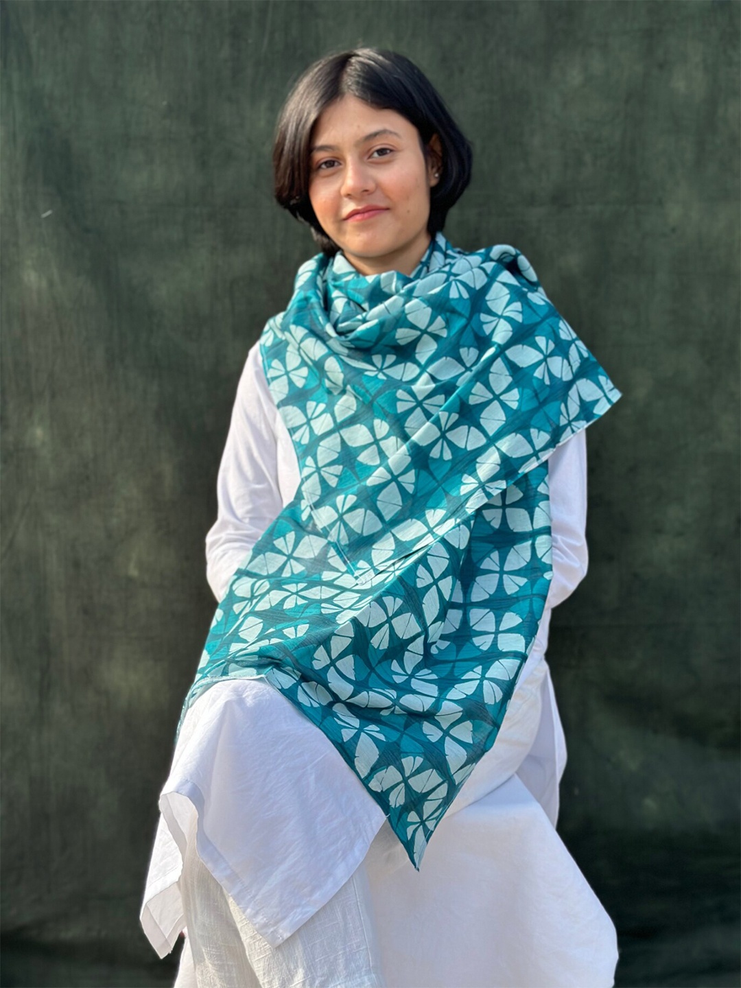 

BUTA BUTI Floral Printed Cotton Scarves, Turquoise blue