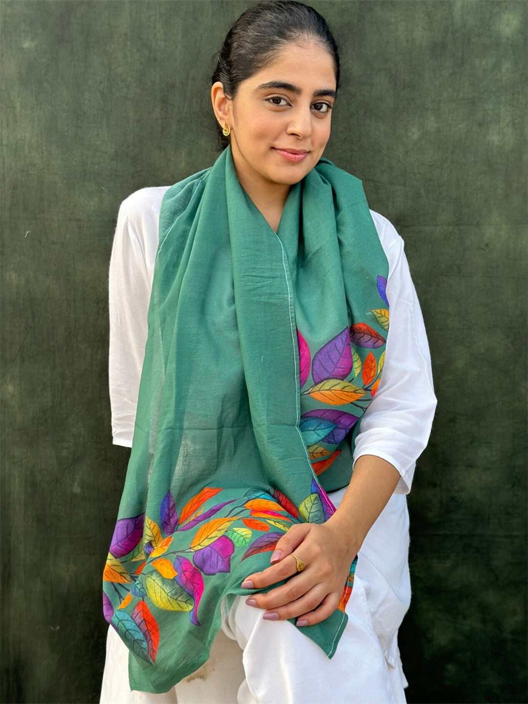 

BUTA BUTI Floral Printed Cotton Stole, Green