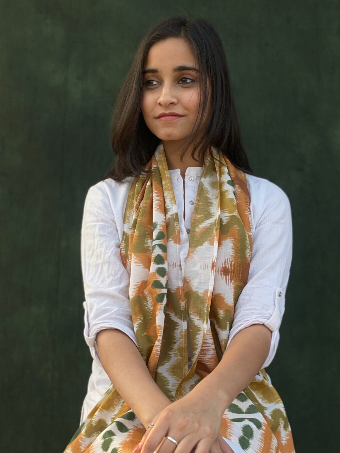 

BUTA BUTI Ikat Printed Cotton Stoles, Olive