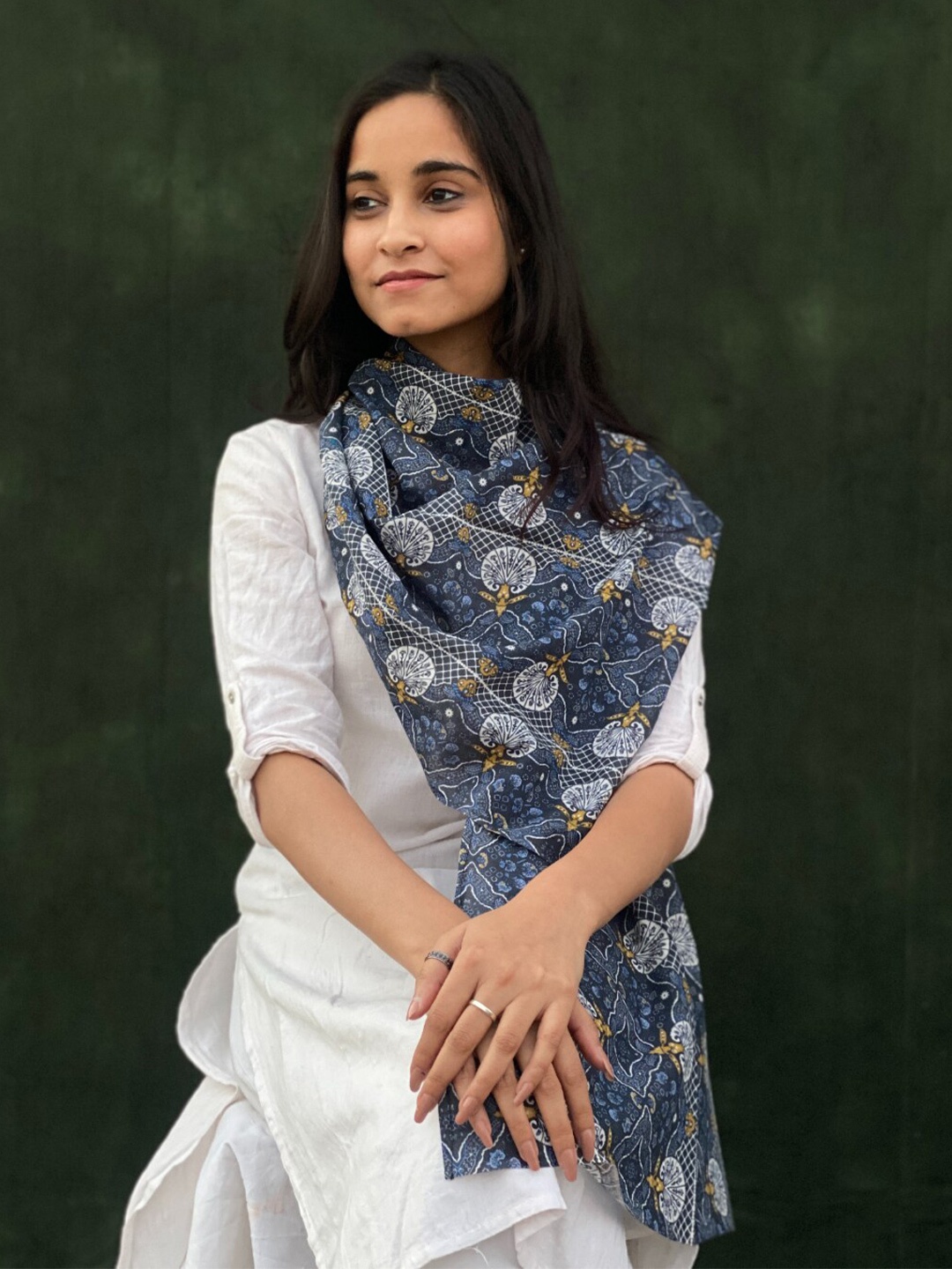 

BUTA BUTI Floral Printed Cotton Scarves, Navy blue